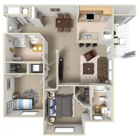 A 3D floor plan of a small apartment with a kitchen, living room, and bedroom.